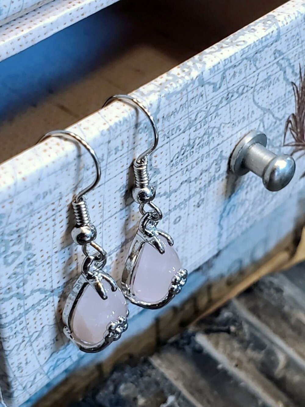 Little Teardrop Rose Quartz Gemstone Platinum Plated Handcrafted Earrings - Picture 4 of 10